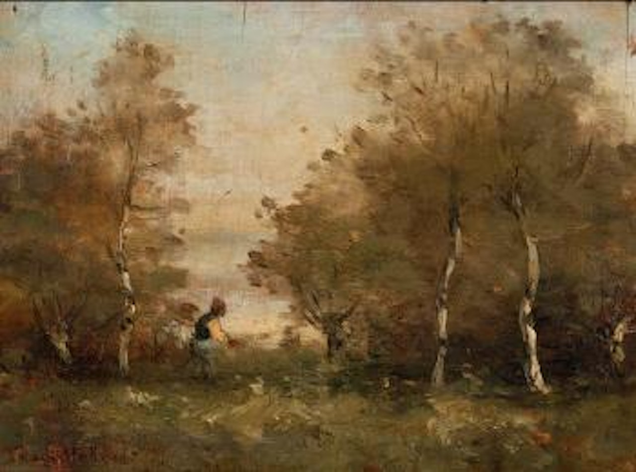 Baumreiche Uferlandschaft mit Figurenstaffage by Paul Désiré Trouillebert