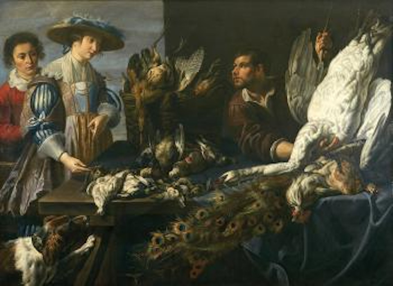 Marchand de gibier à son étal, avec deux figures by Adriaen van Utrecht