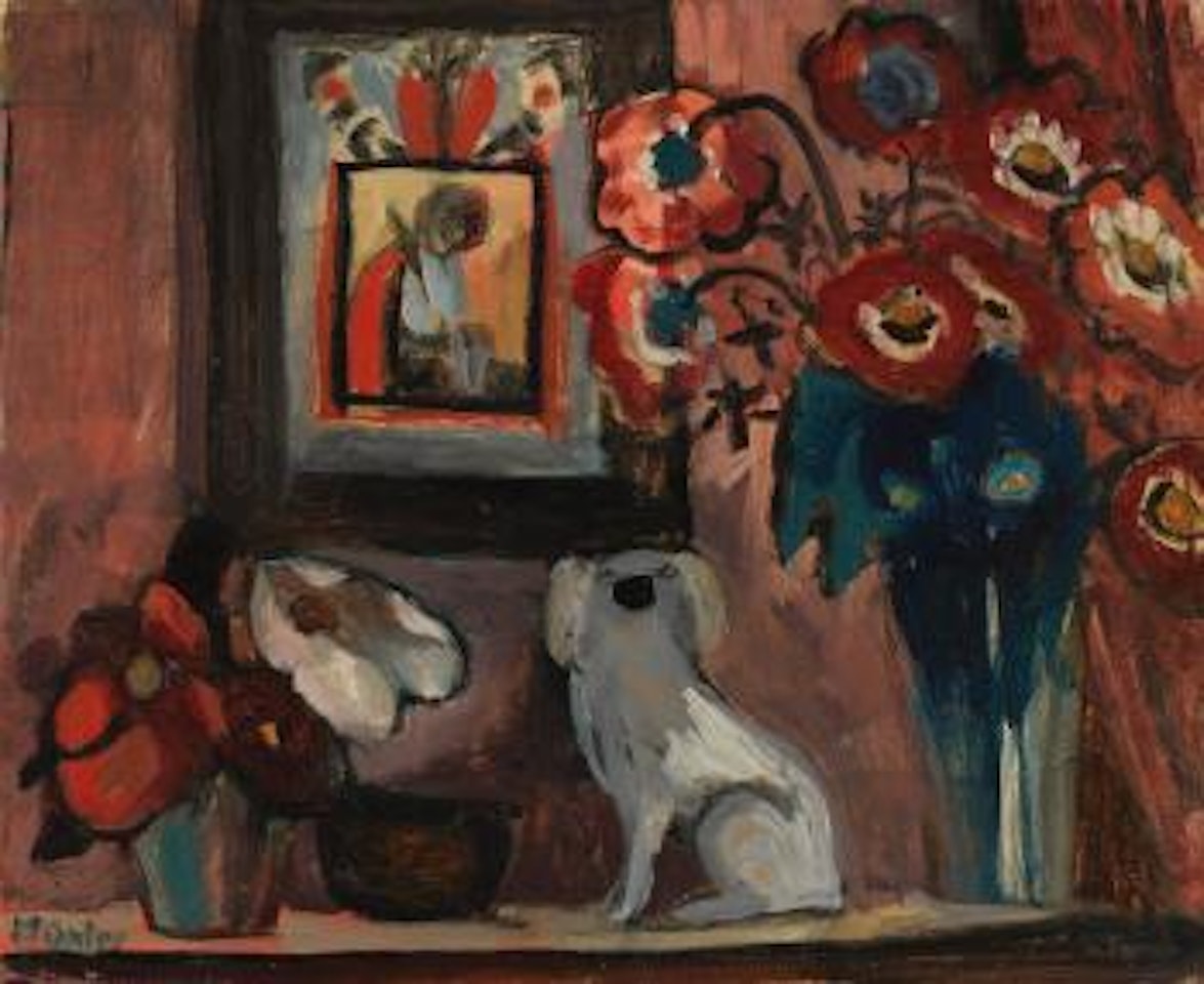 Stillleben mit Hinterglasbild und Keramikhund by Gabriele Münter