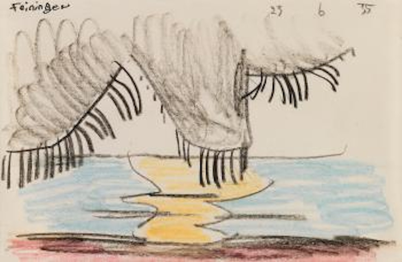 Clouds with black rain and golden sunset line on sea by Lyonel Feininger