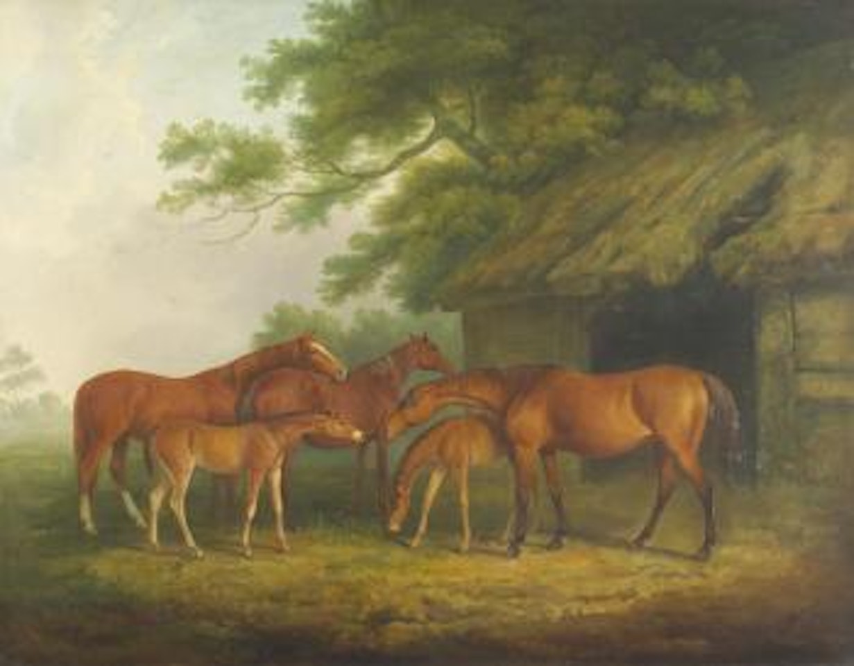 Mares and Foals near a Thatched Barn by James Barenger