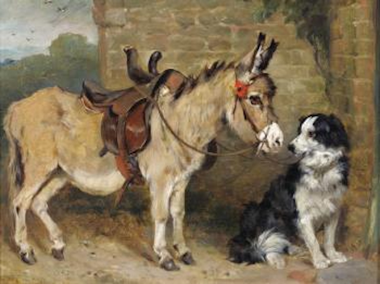 Donkey and a dog beside a cottage by John Emms