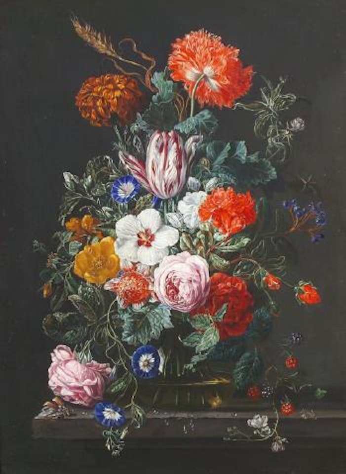 Still life of flowers in a vase, raspberries and blackcurrants nearby by Frederick Victor Bailey