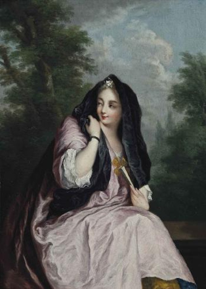 Portrait of a lady, three-quarter-length, in a pink dress, and a black shawl, a fan in her left hand, seated in a landscape by Christian Wilhelm Ernst Dietrich