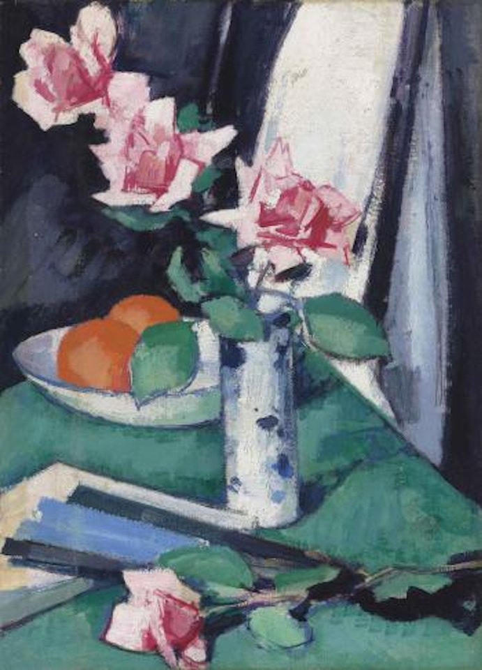 Still Life With Pink Roses And Oranges In A Blue And White Vase by Samuel John Peploe