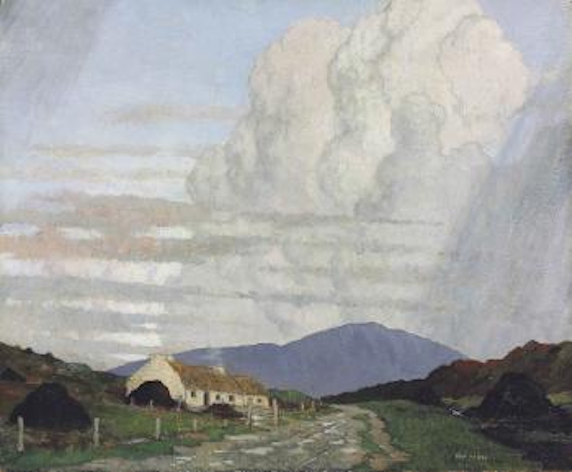 Thatched cottages by a roadside by Paul Henry