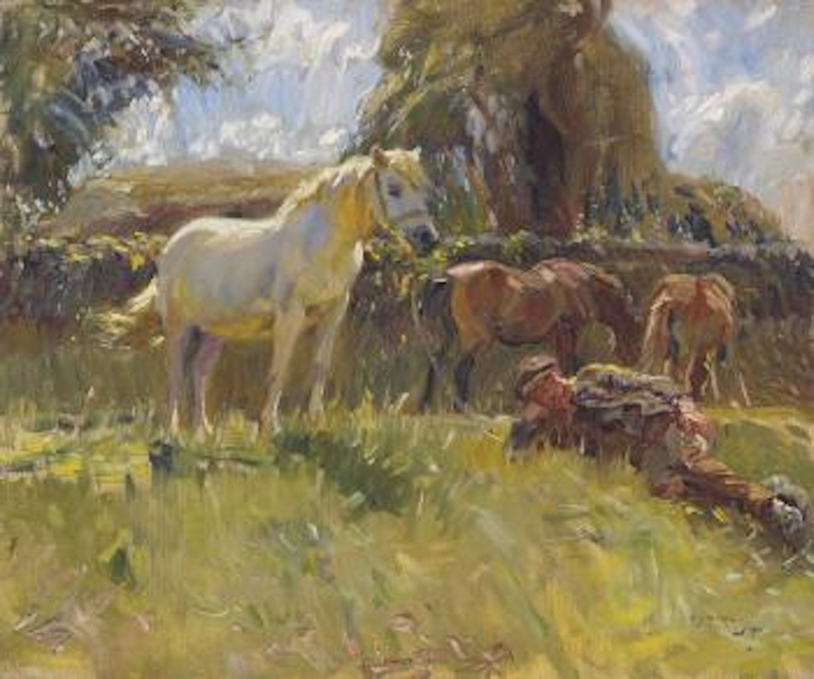 Shrimp and the old grey mare on the Ringland Hills by Alfred James Munnings
