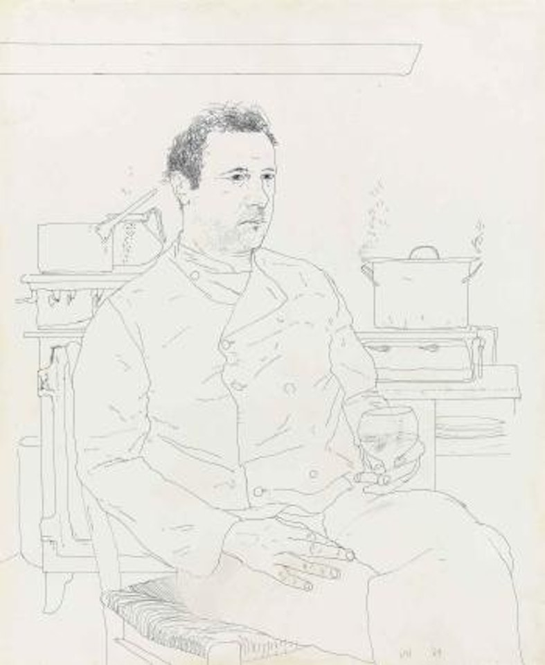 Peter Langan seated in the kitchen at Odin's by David Hockney