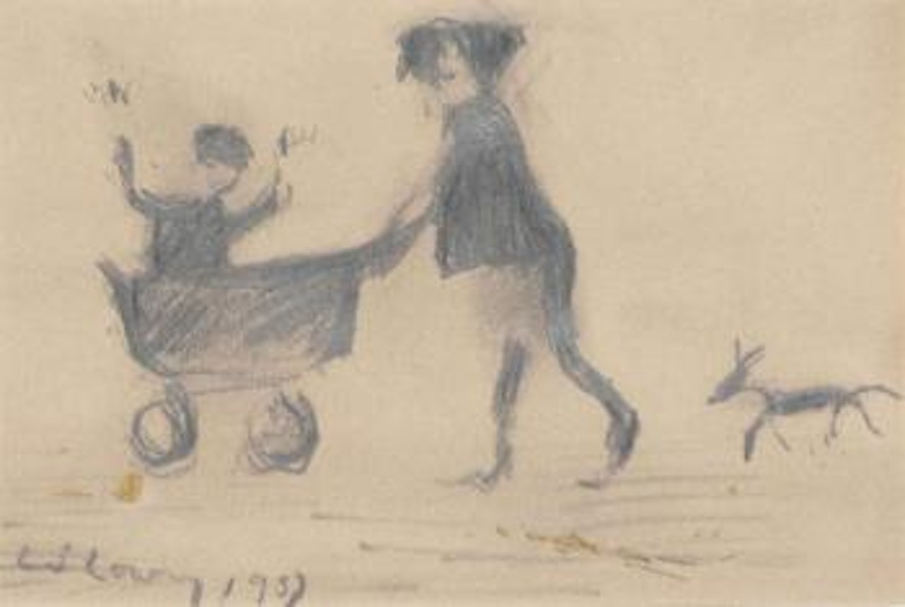 Woman pushing a child in a pram by Laurence Stephen Lowry