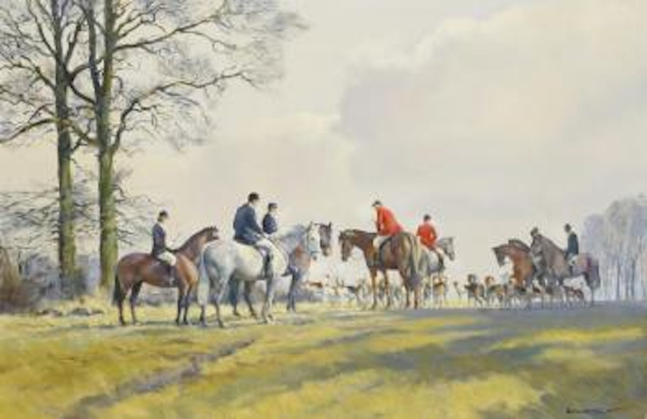 Hunting scene with figures on horseback by Donald Grant