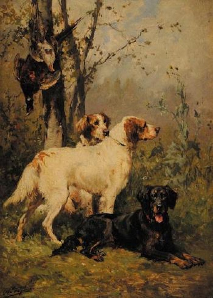 Chiens de chasse devant des perdrix by Olivier de Penne