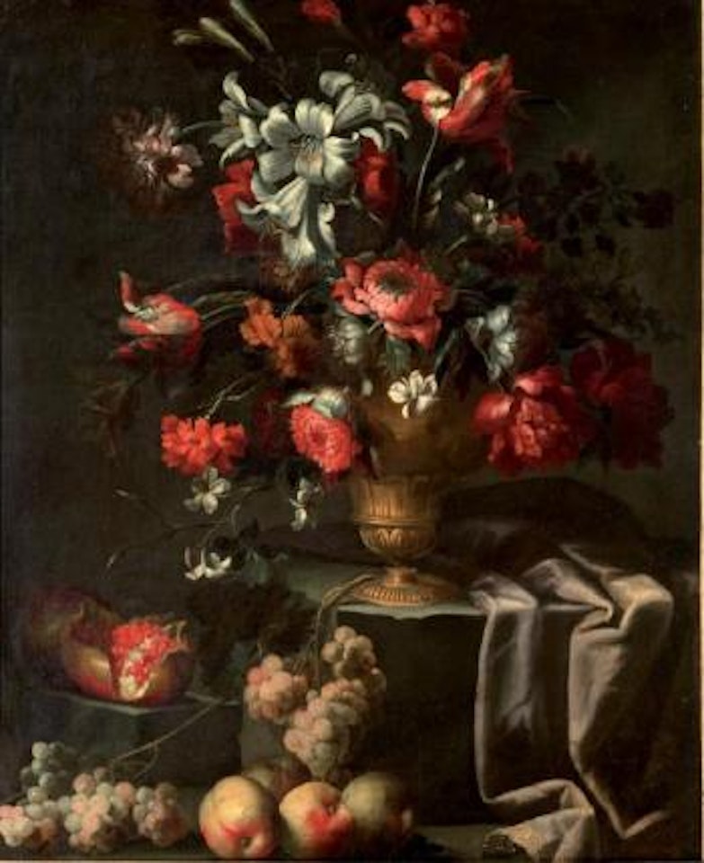 Fleurs dans un vase de bronze, grenades, et raisins by Abraham Brueghel