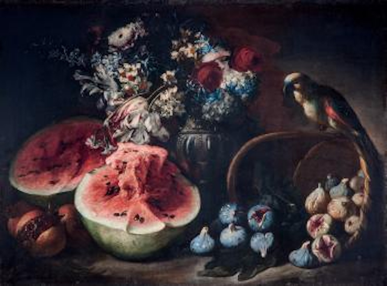 Angurie e melograni su un tavolo di legno, un vaso con tulipani, narcisi e altri fiori e un pappagallo su un cestino rovesciato con fichi by Abraham Brueghel
