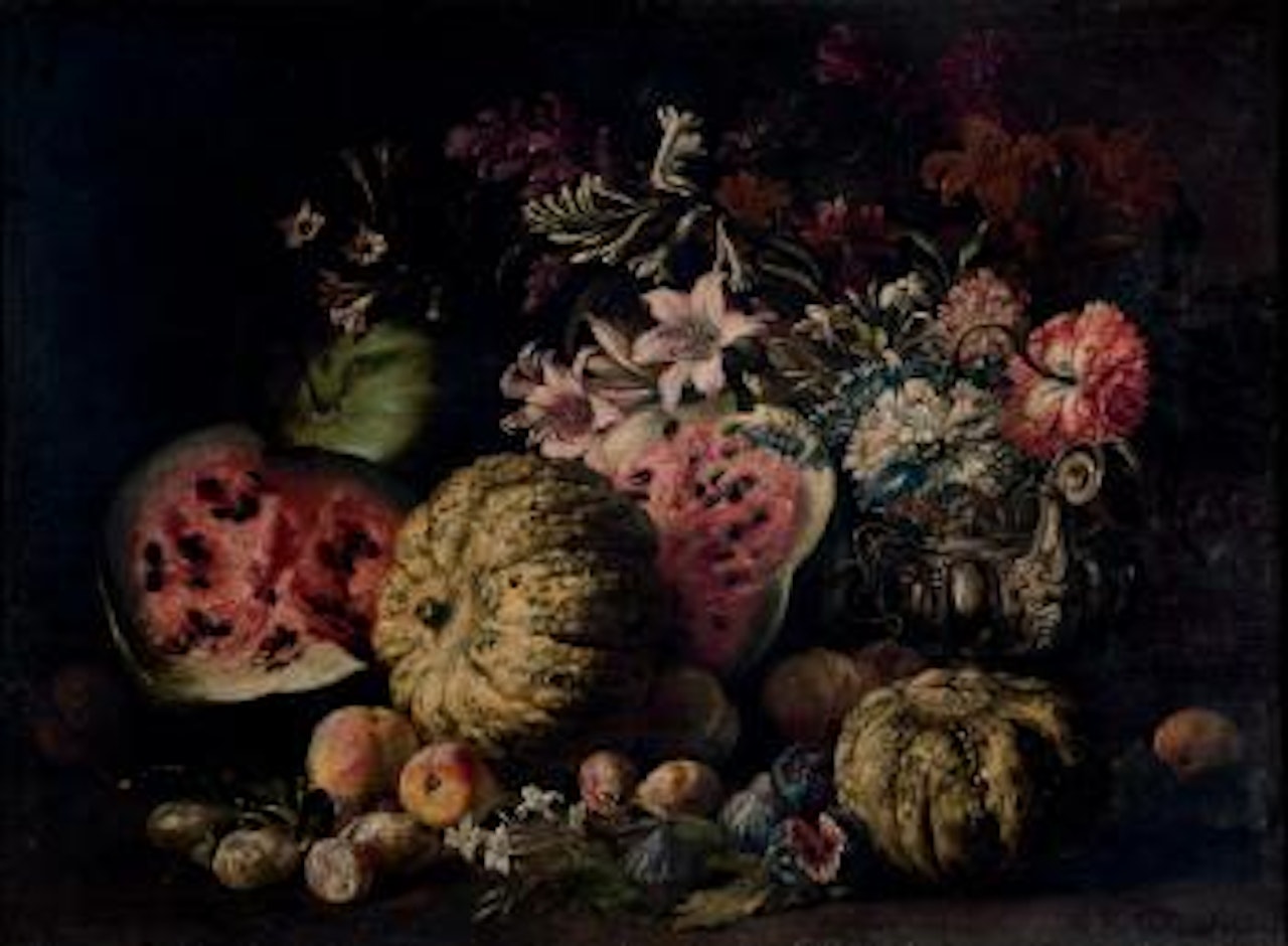 Zucche, angurie, pere, fichi, altri frutti e fiori in un vaso di peltro su un piano by Abraham Brueghel