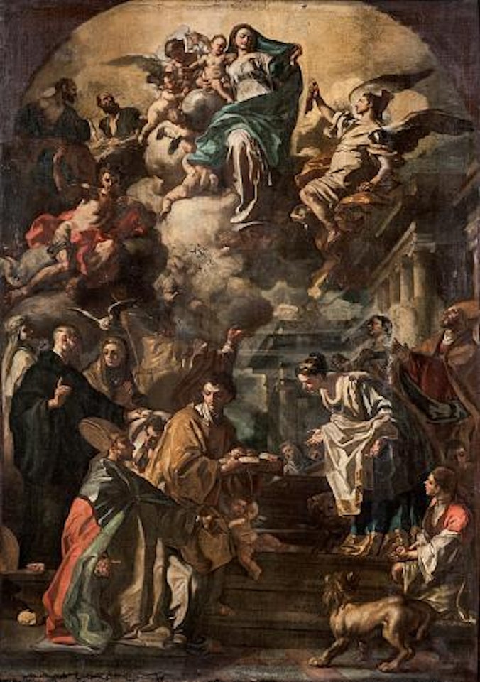 Madonna col Bambino in gloria e i Santi Giovanni Battista, Benedetto, Chiara, Gennaro, Stefano, Veronica e altri santi by Francesco Solimena