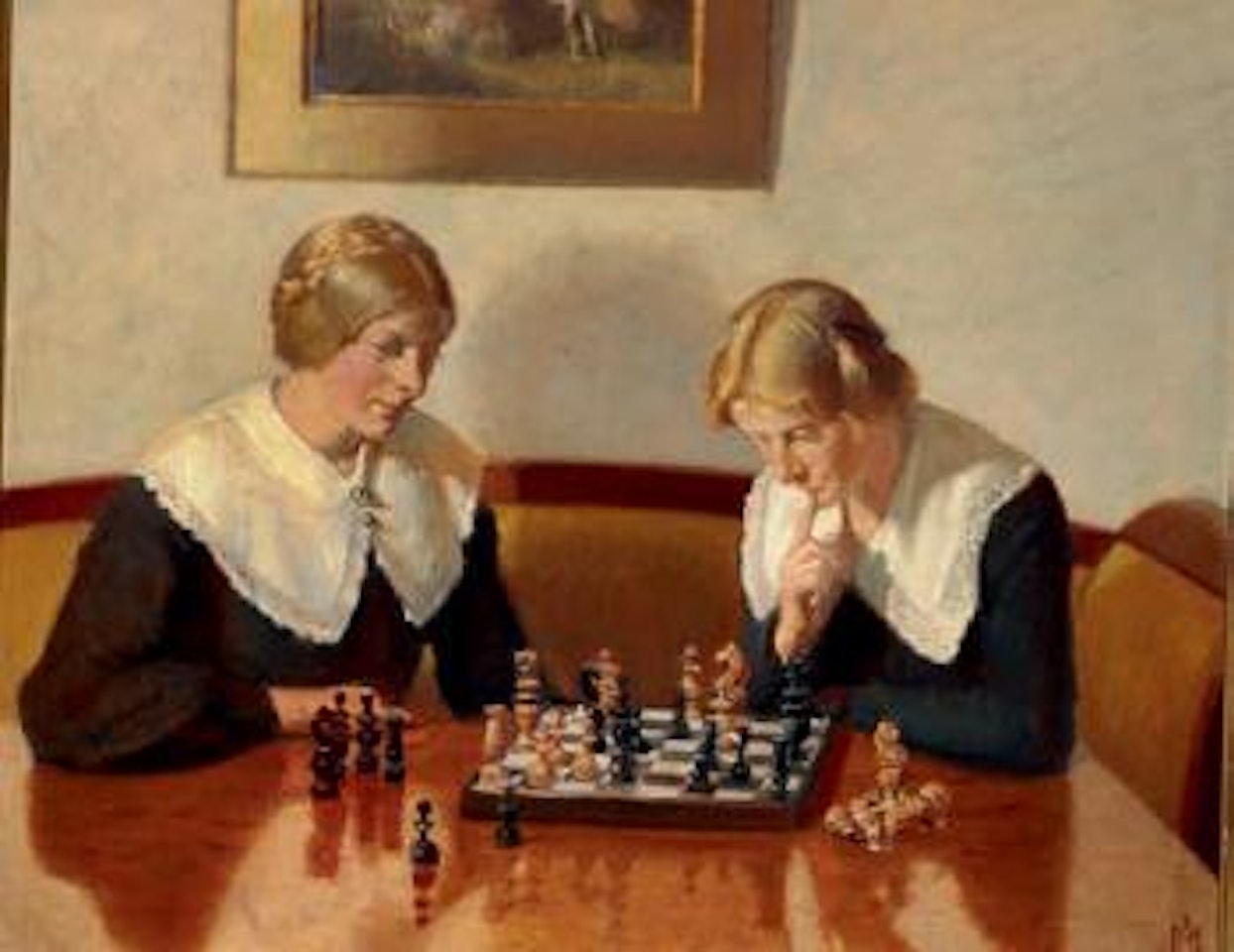 Helga Ancher and Engel Saxild playing chess in the home of the Ancher family on Markvej in Skagen by Michael Ancher