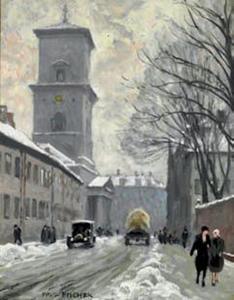 Strollers in Nørregade near Vor Frue Kirke on a winter day by Paul Fischer