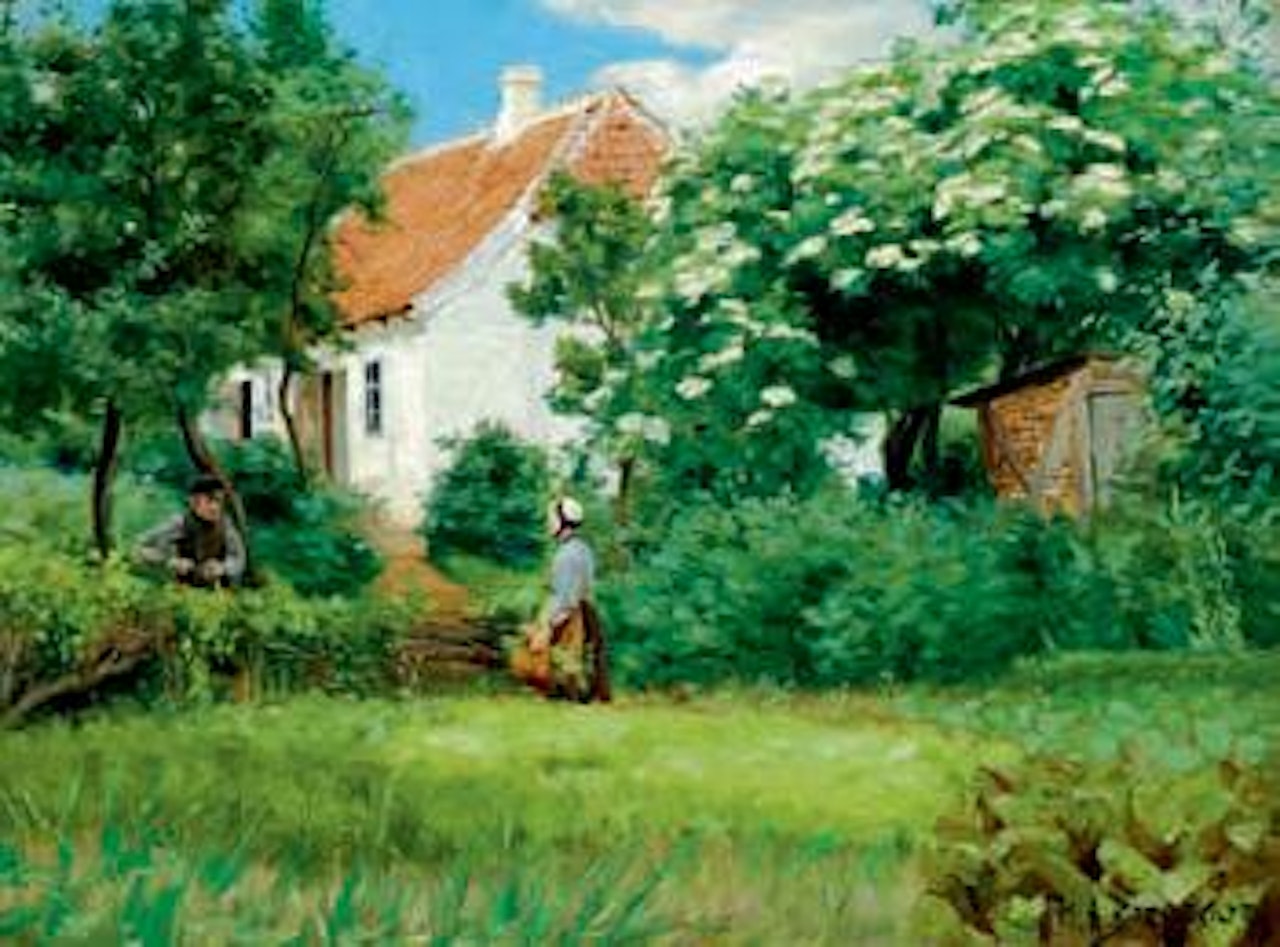 A meeting in a lush garden of a whitewashed cottage by Hans Andersen Brendekilde