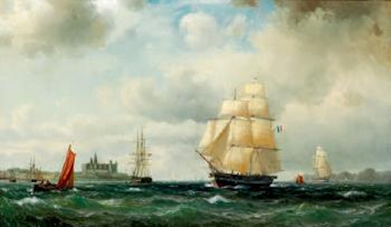 Seascape with a French frigate and numerous sailing ships off Kronborg castle by Anton Melbye