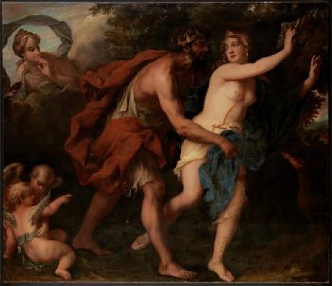 Zeus (Jupiter) bedrängt Semele. Hera (Juno) belauscht die Szene by Erasmus Quellinus II