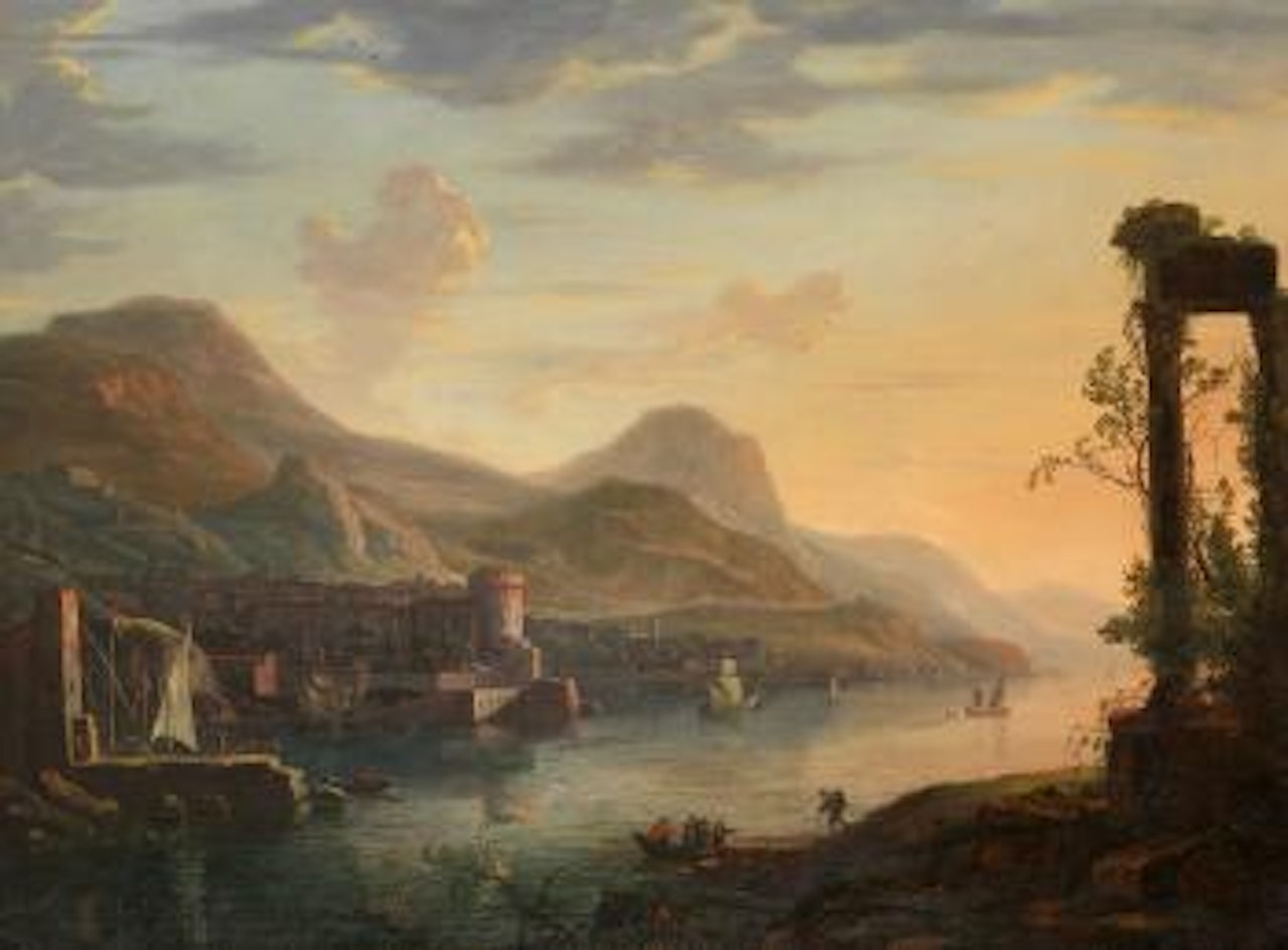 Grosse Hafenansicht mit antiker Tempelruine by Claude Lorrain