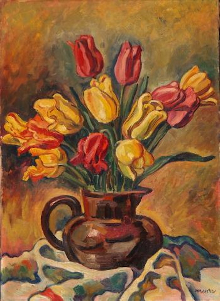 Blumenstraus mit roten und gelben Tulpen in Tonkrug by Louis Vonlanthen