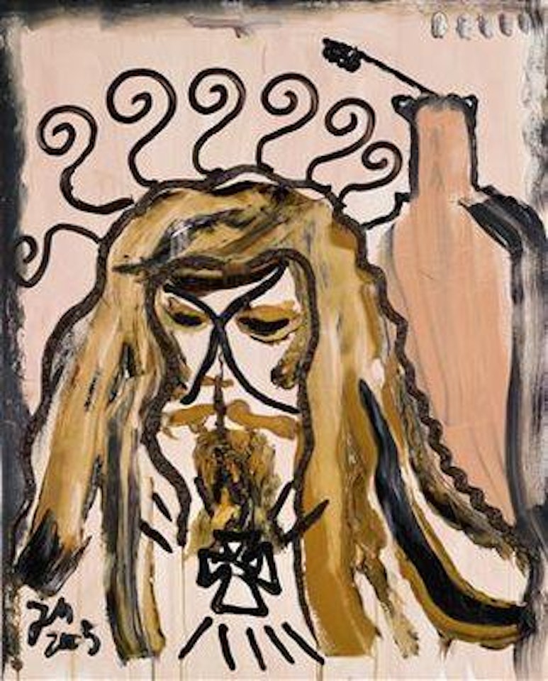 THE OFFSPRING / 'DON ALL' with / castle-like structure / close to the OIL SPHINX / 'EGG CREAM' / greenish yellow by Jonathan Meese