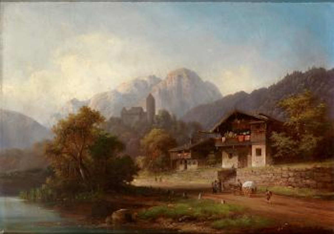 Tiroler Landschaft mit malerischem Gehöft und Figurenstaffage by Anton Doll