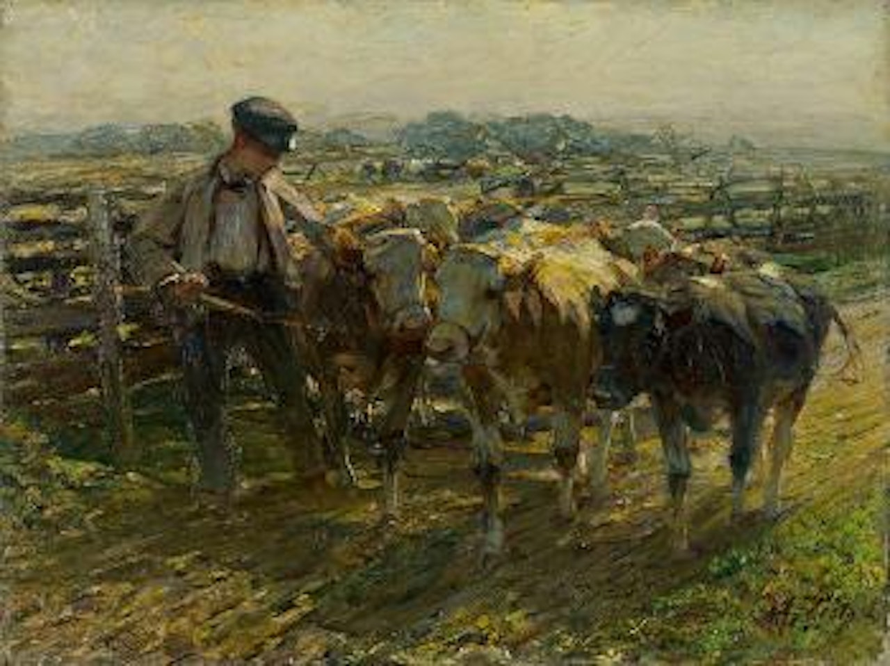 Hütejunge mit Jungrindern an einem Gatter an einem sonnigen Frühlingstag by Heinrich von Zugel