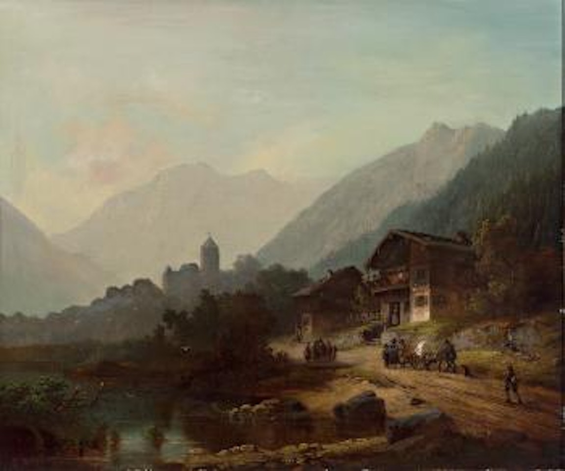 Tiroler Gebirgslandschaft mit Festung und Gehöften, zahlreicher Personenstaffage und kleinem Gefährt by Anton Doll