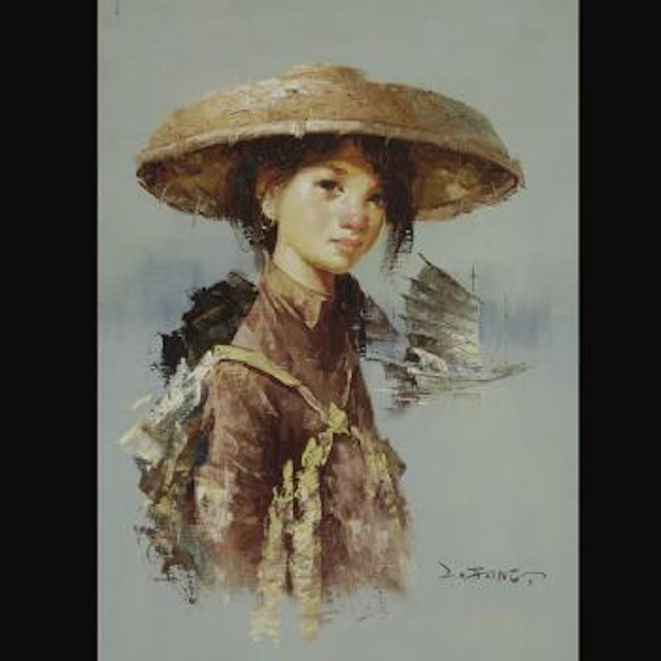 Young woman with junk boat by Lee Man Fong