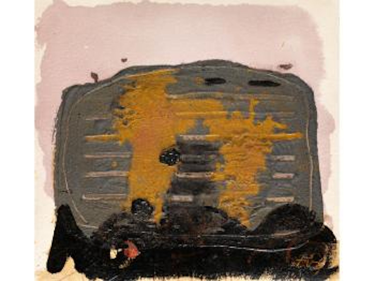 Abstrakte Komposition in Schwarz, Olivgrün, Ockergelb und Rosa by Antoni Tapies