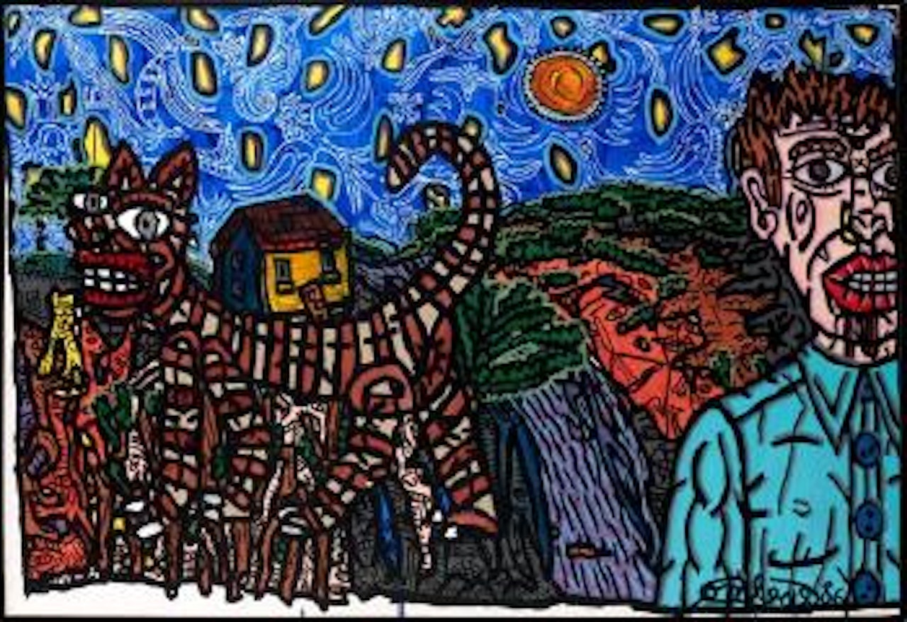 Chat rayé du mec à droite à la tête niquée by Robert Combas