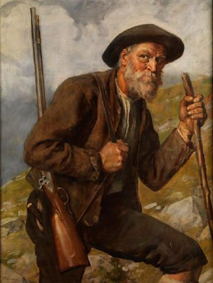 Alter Jäger mit Flinthe im Hochgebirge by Franz von Defregger
