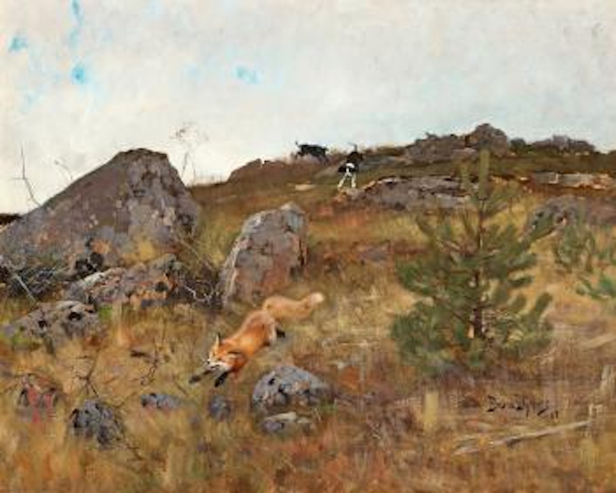Stövare jagande räv i höstlandskap (Fox Chased by Hounds) by Bruno Liljefors