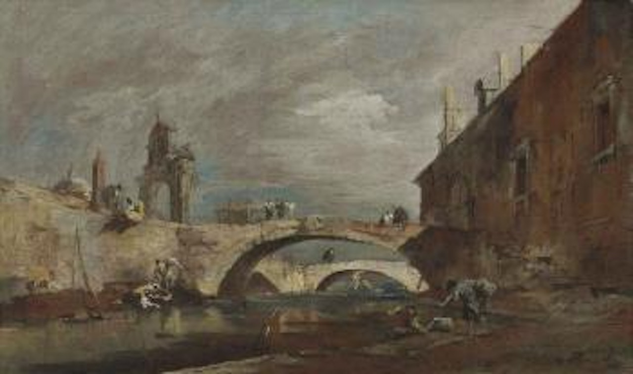Capriccio with bridges over a canal by Francesco Guardi