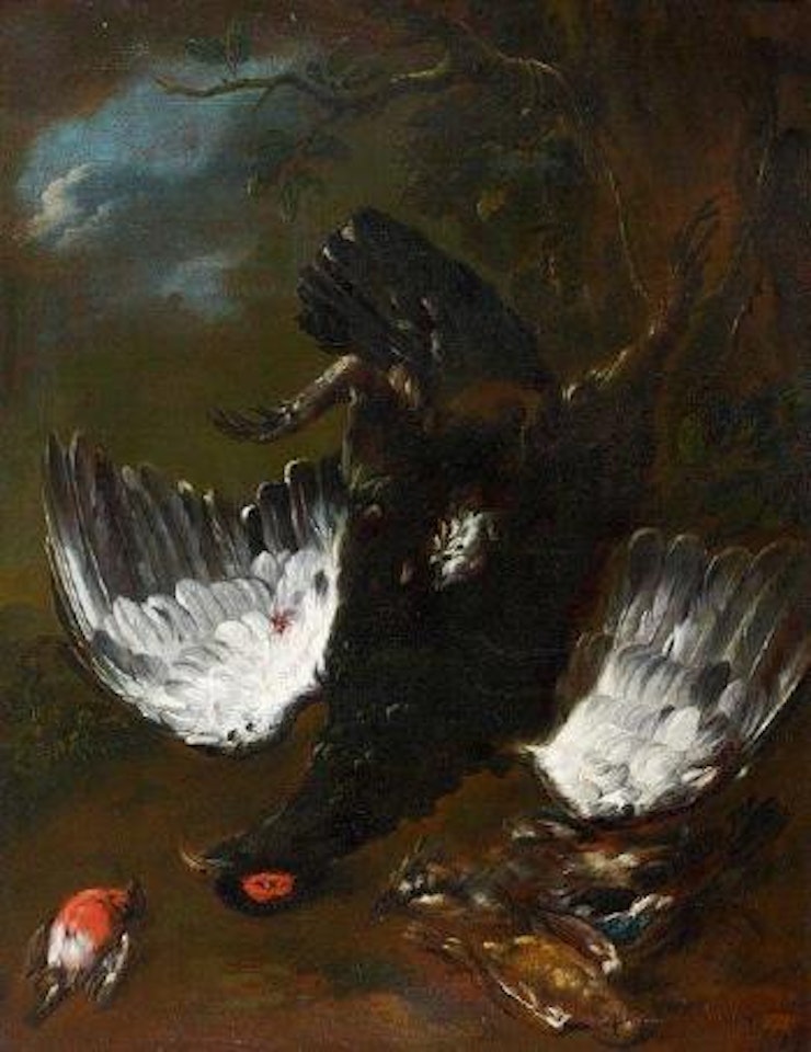 Tétras pendu par la patte entouré d'un rouge-gorge et d'un geai by Franz Werner von Tamm