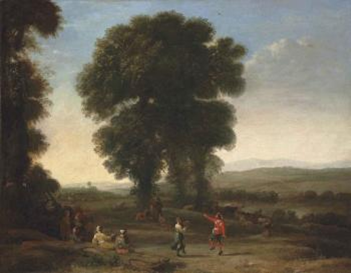 An extensive landscape with figures dancing and others resting under a tree in the foreground, their cattle resting beyond by Claude Lorrain