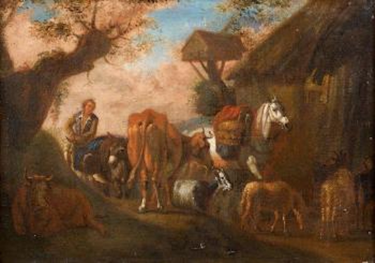 Troupeau à l'entrée d'un village by Pieter van Bloemen