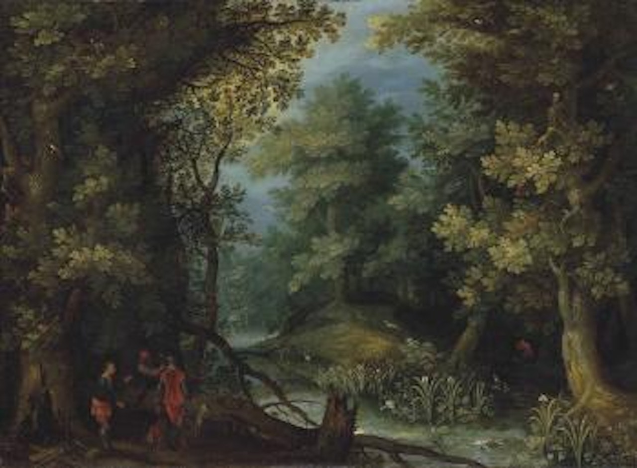Hunters with hounds by a stream in a wooded landscape by Jan Brueghel the Younger