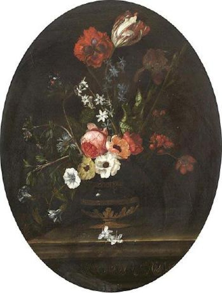 Bouquet de fleurs dans un vase sur un entablement by Willem van Aelst