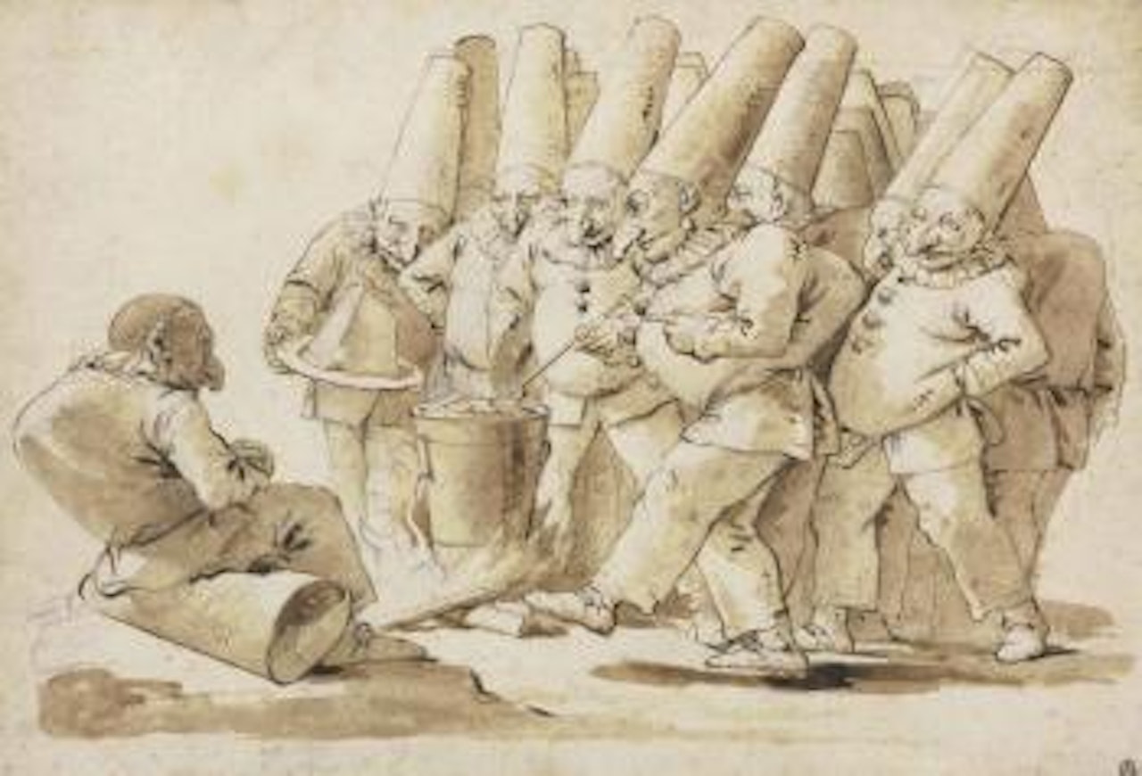 Punchinelli preparing a meal of gnocchi and parmesan cheese by Giovanni Battista Tiepolo