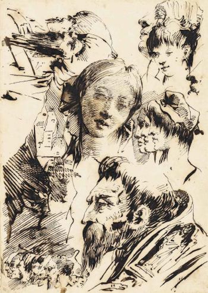Studies of heads, including those of a young woman and profiles of Orientals, with a subsidiary study of a farm by Giovanni Domenico Tiepolo