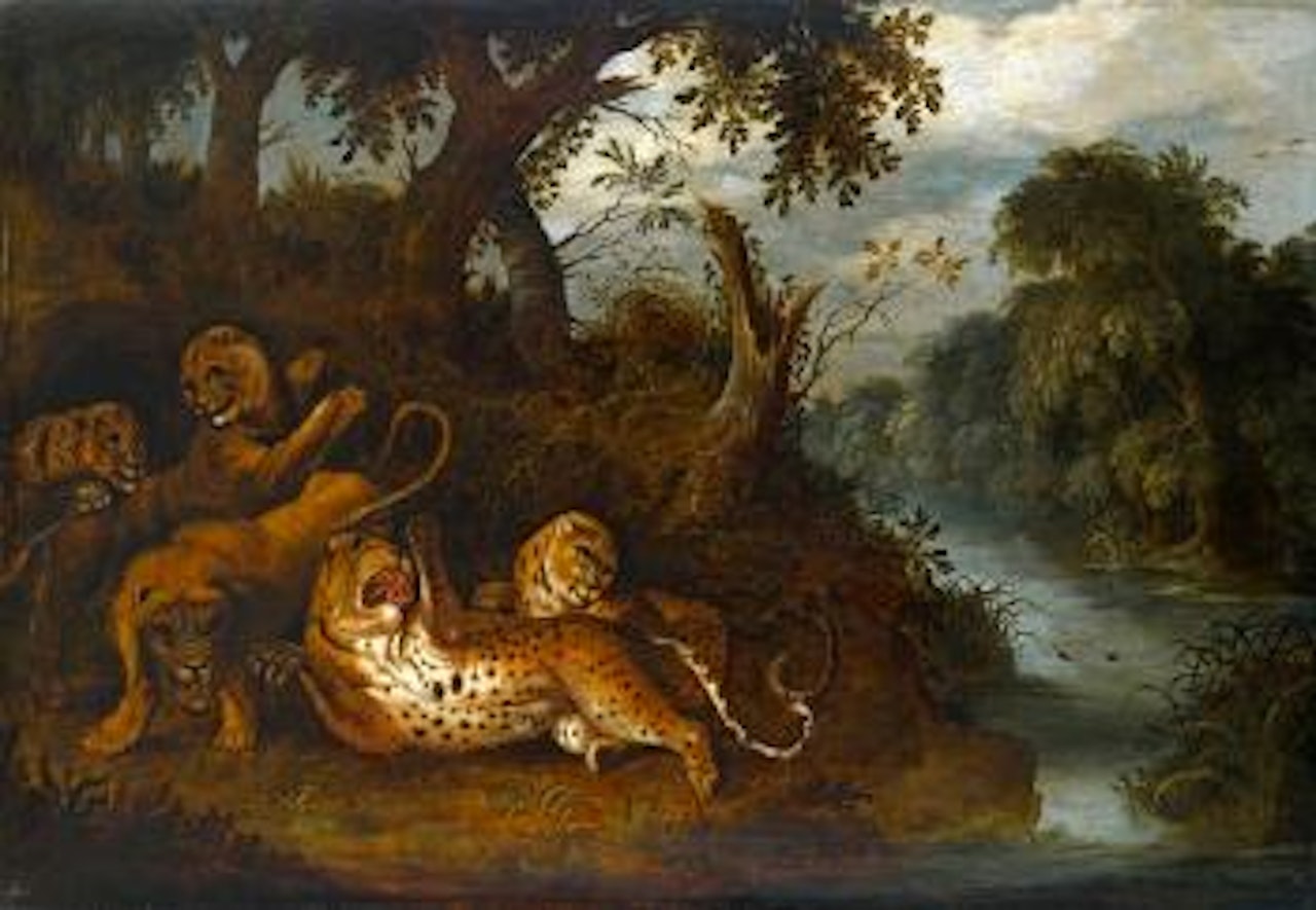 Lions et panthères dans un paysage de rivière by Jan Brueghel by Abraham Govaerts