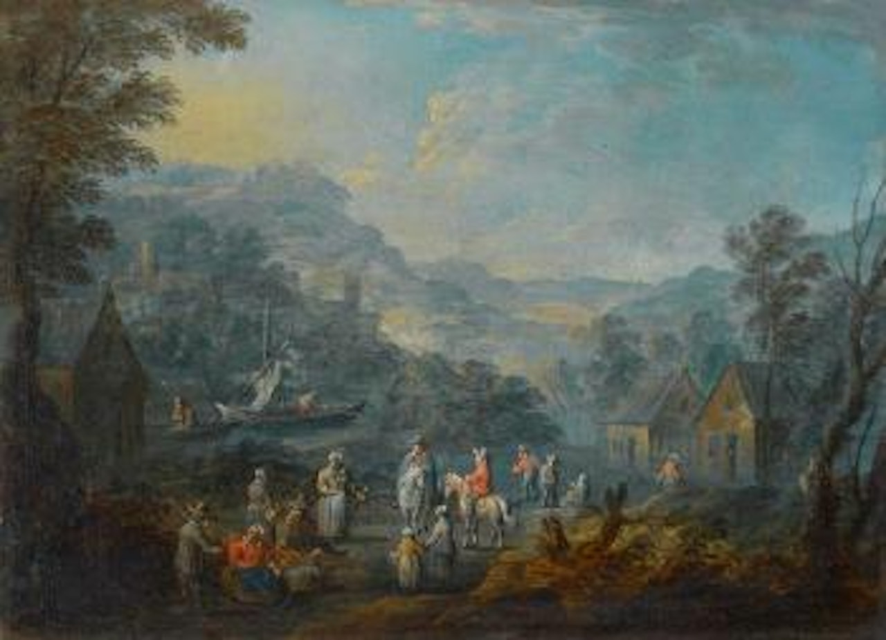 Cavaliers et paysans dans des paysages de rivière by Adriaen Frans Boudewyns by Pieter Bout