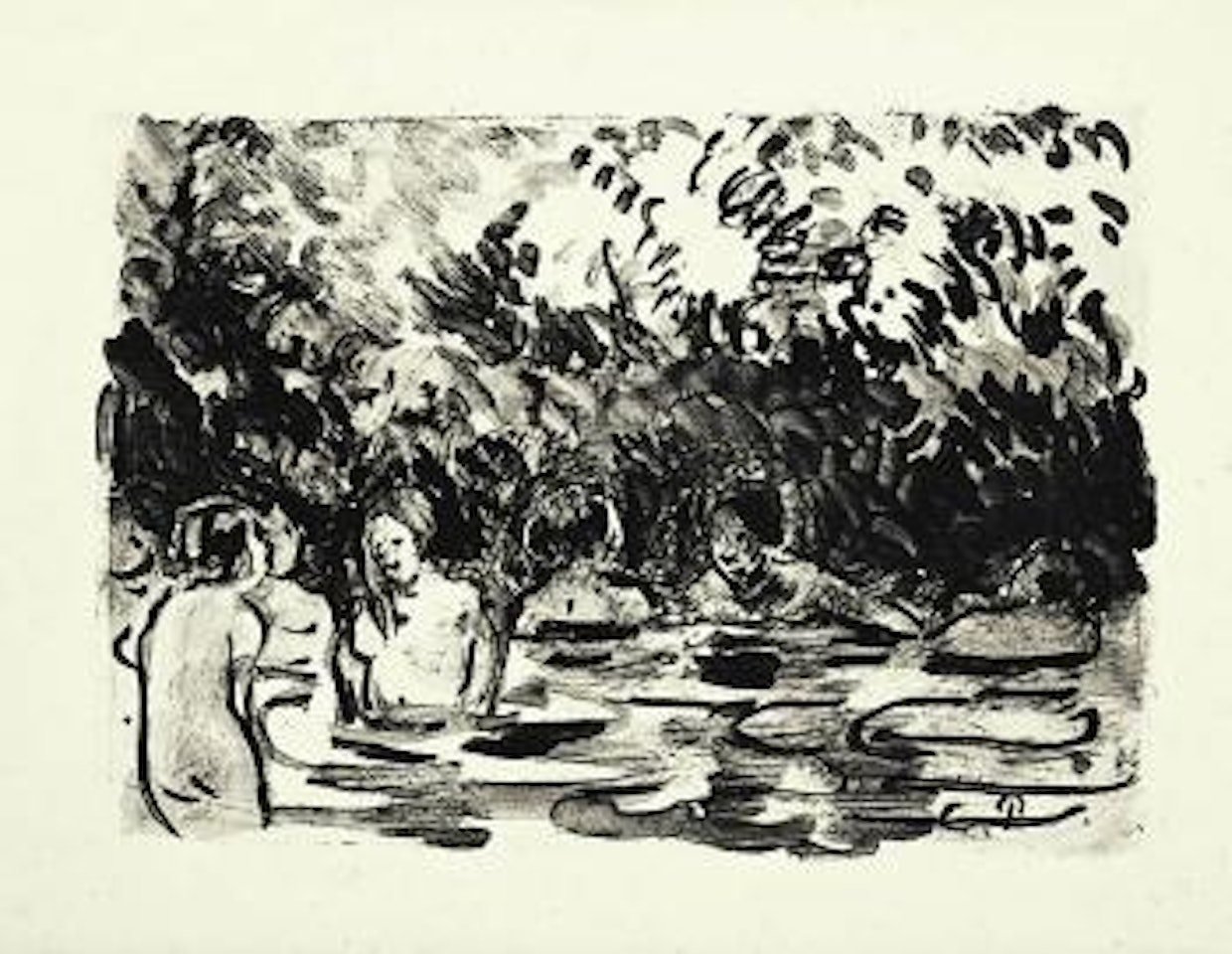 Six baigneuses dans la rivière by Camille Pissarro