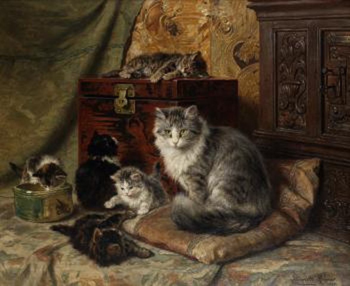 A cat and her kittens at play by Henriette Ronner-Knip