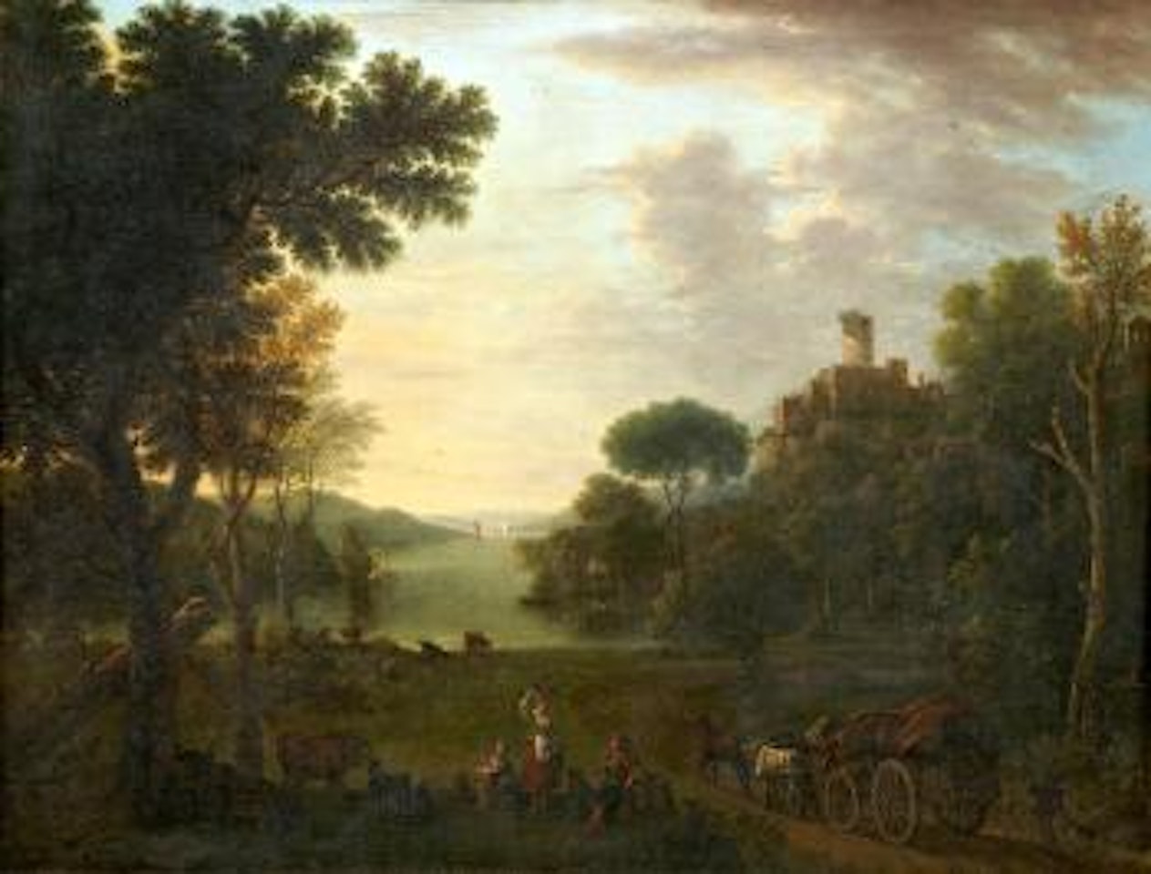 An extensive river landscape with figures and a wagon on a track by John Wootton