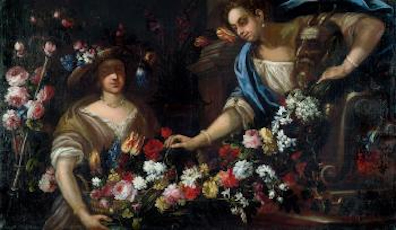 Zwei Frauen mit Blumengirlande und Pansherme by Roman School