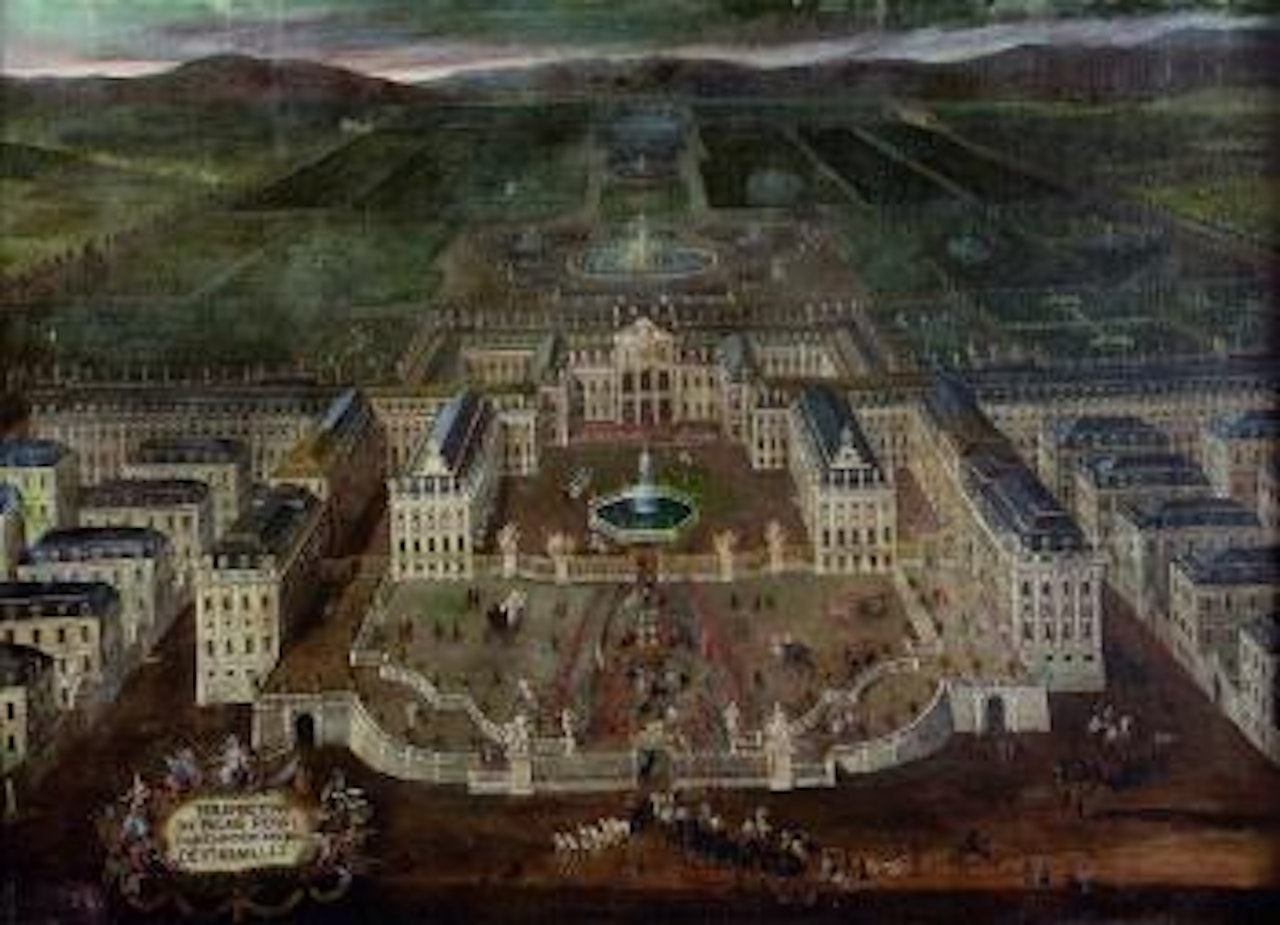 Perspective du Palais Royal, fontaines et jardin de Versailles by French School